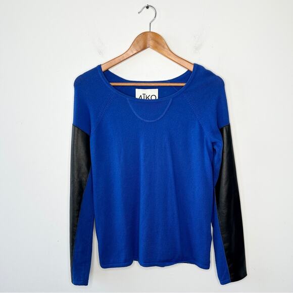 AIKO Sweater Womens Size Medium Blue Cashmere Blend Sheep Leather Colorful Moto - Picture 2 of 7